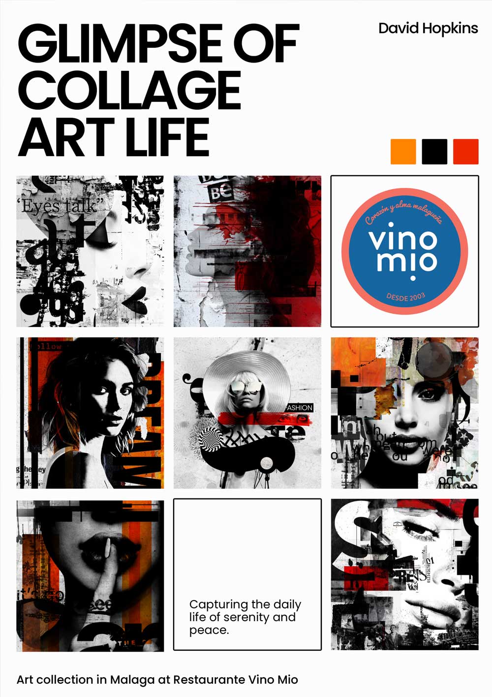 distressed collage art by David Hopkins at Vino Mio Restaurante Malaga Capital